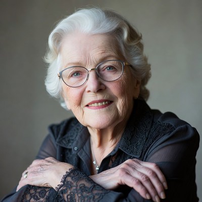 Elderly woman with glasses smiling