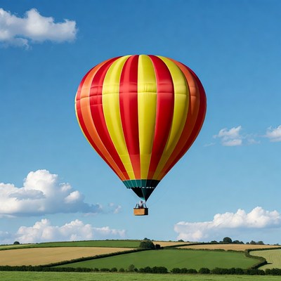 Red Yellow Hot Air Balloon Over Fields