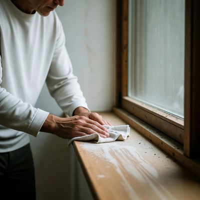 Man cleaning window with cloth