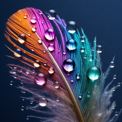Colorful Feather with Water Droplets