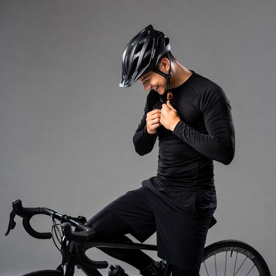 Man adjusting helmet on bike