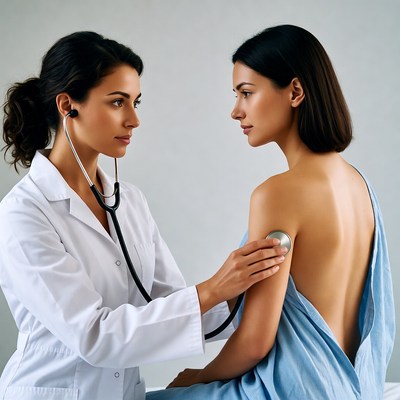 Doctor listening to patient's back
