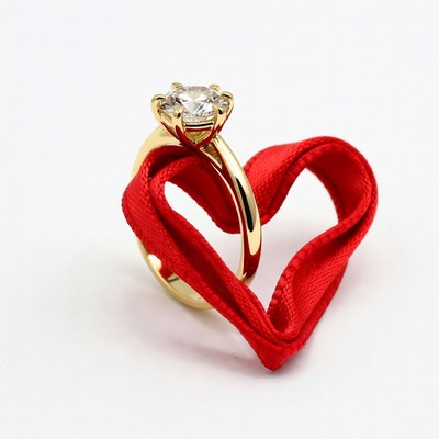 Diamond Ring with Red Heart Ribbon