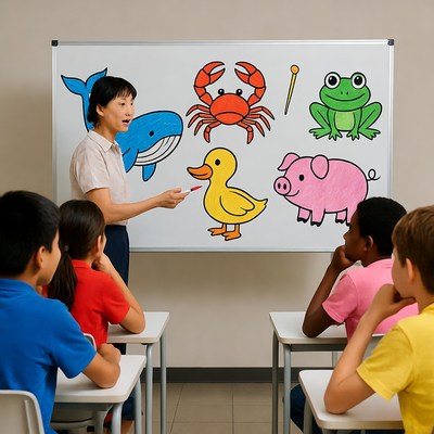Asian teacher teaching animals to Asian kids