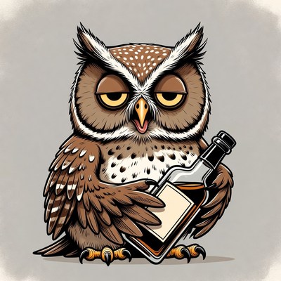 Cartoon owl holding whiskey bottle