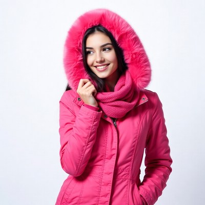 Smiling woman in pink fur hood jacket