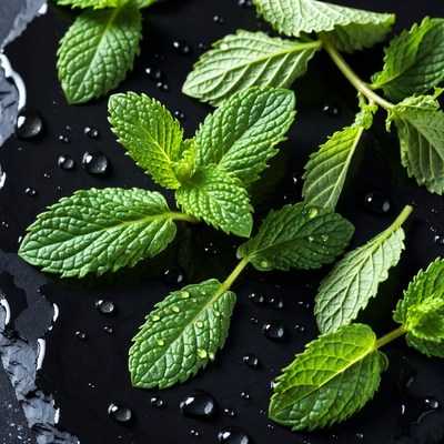 Fresh Mint Leaves with Water Droplets