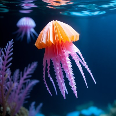 Origami Jellyfish in Underwater Scene