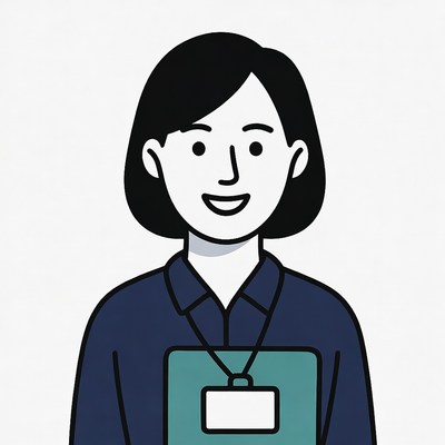 Smiling woman holding name badge