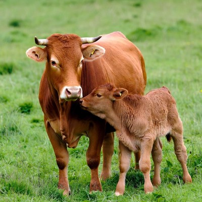 Mother Cow Nuzzling Calf in Grass