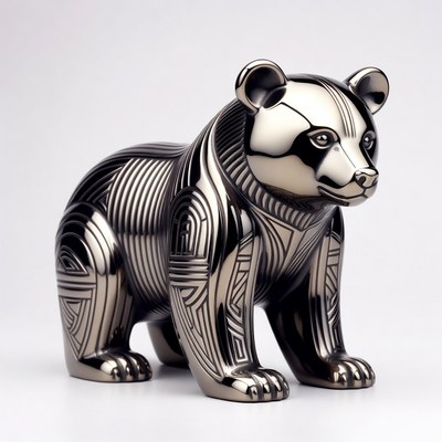 Metallic panda sculpture on white background