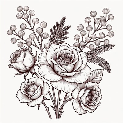 Bouquet of Roses with Ferns Illustration
