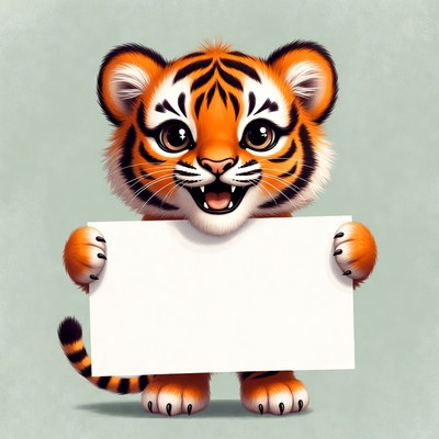 Cute tiger cub holding blank sign