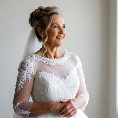 Elderly woman in white wedding dress