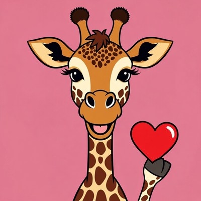 Cute giraffe holding red heart