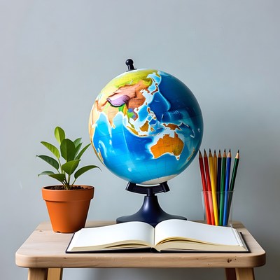 Globe with pencils and notebook