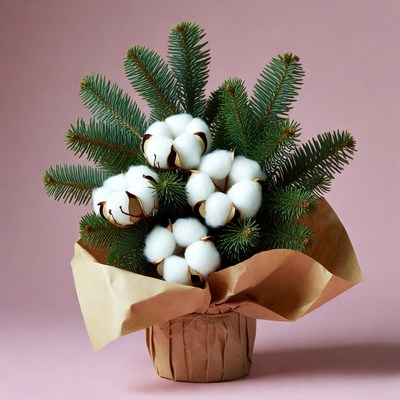 Cotton Bolls with Fir Branches Bouquet