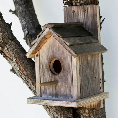 Wooden birdhouse on tree branch