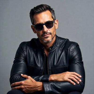 Man in black leather jacket with sunglasses