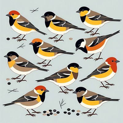 Group of Colorful Eurasian Bullfinches Illustration