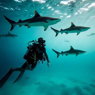 Diver swimming with sharks underwater