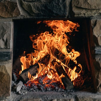 Blazing Fire in Stone Fireplace