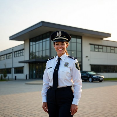 Female police officer standing outside station