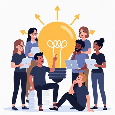 Diverse team brainstorming around lightbulb