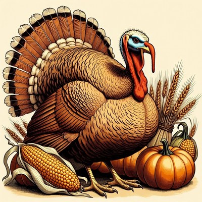 Turkey with pumpkins and corn