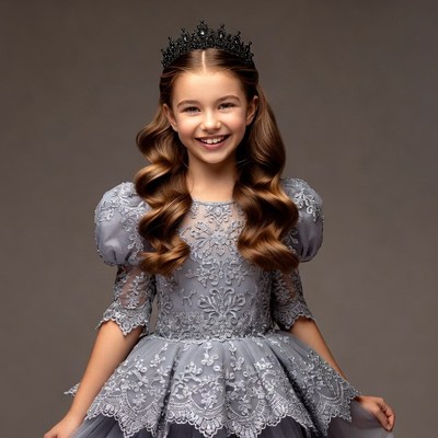 Girl in gray lace dress with black crown