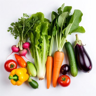 Fresh vegetables arranged on white background