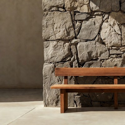 Wooden Bench Against Stone Wall