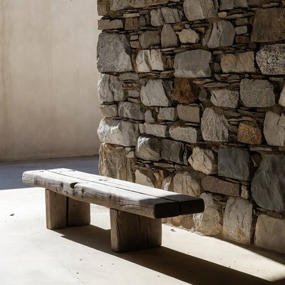 Wooden Bench Against Stone Wall