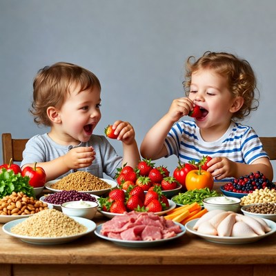 Toddlers eating strawberries at healthy table