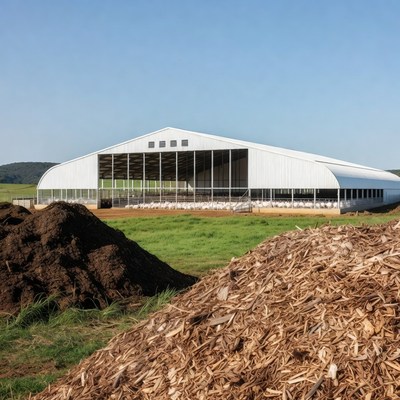 White Barn with Chickens and Wood Chips