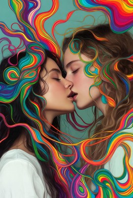 Two women kissing with colorful hair