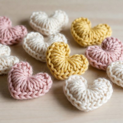Crocheted hearts in white pink yellow