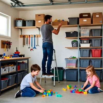 Family organizing toys in garage