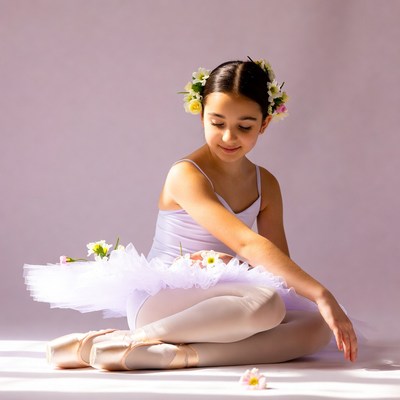 Young ballerina with daisies sitting