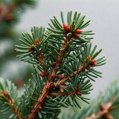 Fir tree branch with red cones