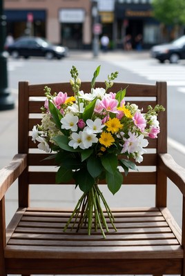 Colorful bouquet on wooden chair