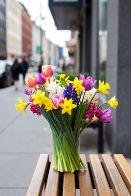 Colorful tulips bouquet on urban bench