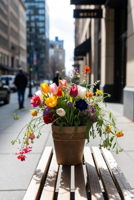 Colorful Tulips Bouquet on Urban Bench