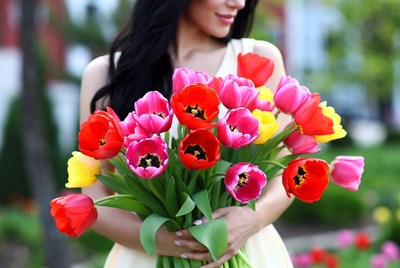 Woman holding colorful tulips