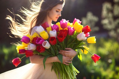 Woman holding colorful tulips