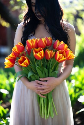 Asian woman holding tulips