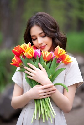 Asian woman holding tulips in forest