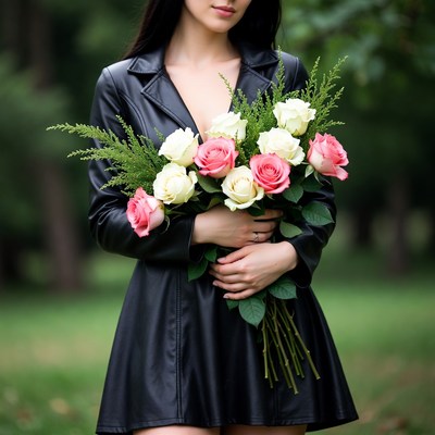 Asian woman holding pink white roses
