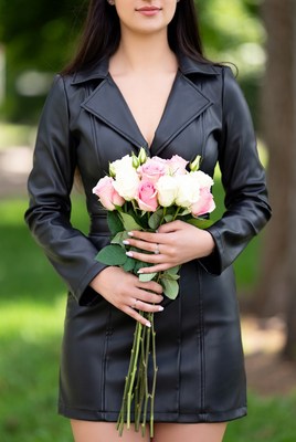 Woman holding pink roses outdoors