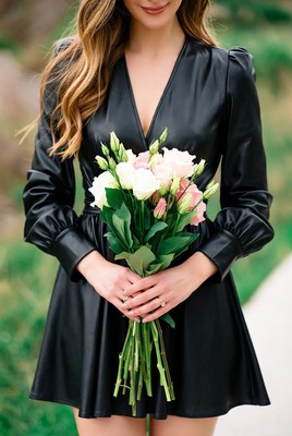 Woman holding pink roses bouquet